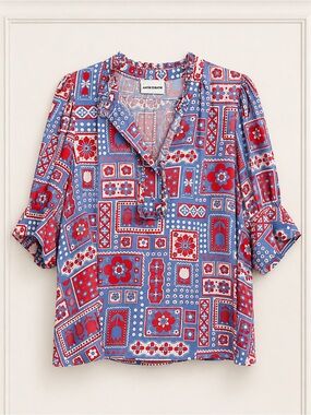 Antik Batik Red & Blue Printed Ruffle V-Neck Blouse